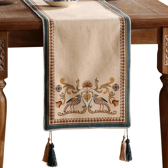 Patdrea Designer Vintage French Linen Table Runner,12"X102"-Wensel E | Elegant Tablerunner 102 Inches Long,Colorful Floral Pattern,Thanksgiving Dining Table Decor for Living Room Banquet