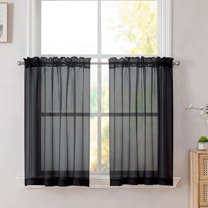 Simplebrand Black Sheer Kitchen Cafe Curtains - 36X36 Inch, 2 Paneled Tier Curtain Rod Pocket Sheers for Bathrooms, Small Windows