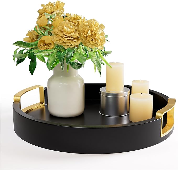 Round Decorative Tray, 12" Wooden Round Black Tray with Gold Metal Handles