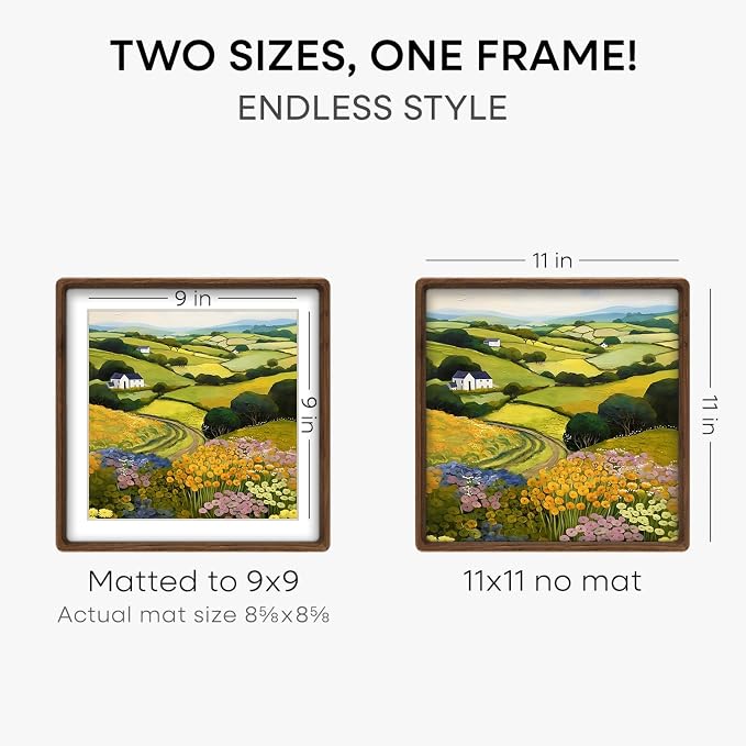 Homeforia 11x11 Mortise&Tenon Walnut Picture Frame, 9x9 Mat, Glass