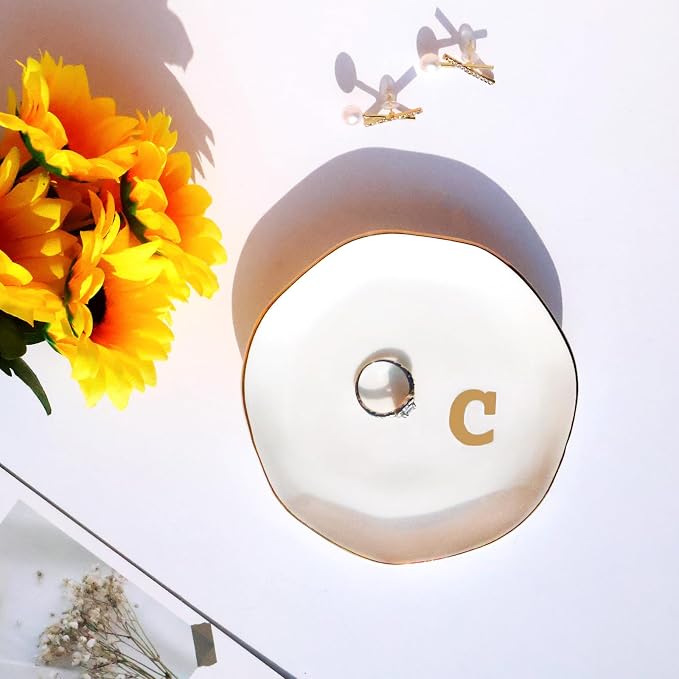 Ceramic Jewelry Tray Initial Ring Dish Personalized C-Monogrammed Engagement Wedding Gifts,Decorative Jewelry Holder for Birthday Mother's Day Christmas for Women, Ceramic White 4.5" (C)