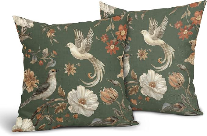 Kawani Vintage Floral Pillow Covers 18x18 Inch Set of 2 Green Chinoiserie Flower and Bird Outdoor Decorative Throw Pillows Retro Rustic Pillowcases Farmhouse Cushion Covers for Couch Home Decor