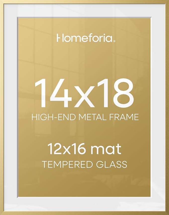Homeforia 14x18 Gold Picture Frame, High-End Metal, 12x16 Mat, Glass