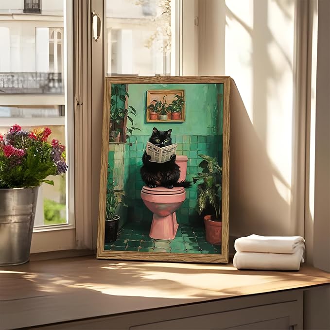Funny Bathroom Cat Wall Art, Humorous Black Cat Restroom Wall Decor Paintings, Funky Animal on Toilet Reading Newspaper Canvas Prints Artwork 12x16 inch Wood Framed