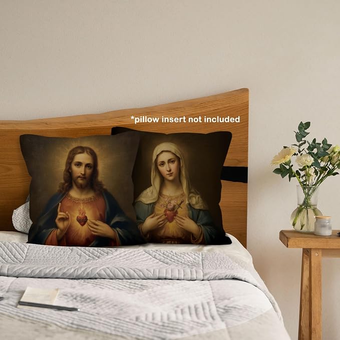 Catholic Sacred Heart of Jesus Immaculate Heart of Mary Throw Pillow Cover Gifts 18x18 Set of 2, Christian Virgin Mary Decor Pillow Cases for Bedroom, Religious Decorative Pillowcases