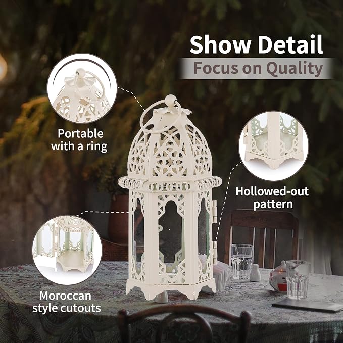 NUPTIO 6 Pcs Moroccan Style Candle Lantern - Small Sized Tealight Candle Holder with Transparent Glass Panels Great for Patio, Indoors/Outdoors, Events, Parties and Weddings, White
