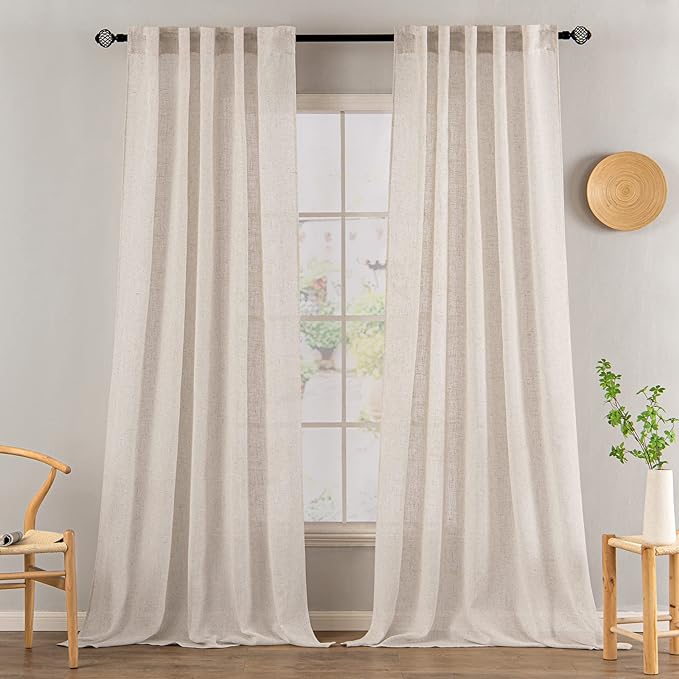 MIULEE Natural White Linen Curtains 52x96 Inch Long 2 Panels for Bedroom | Soft Thick Linen Textured Window Drapes, Semi Sheer Light Filtering, Rod Pocket Back Tab, Neutral Farmhouse Cream Ivory
