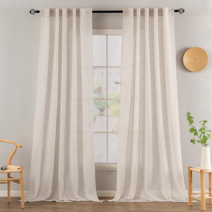 MIULEE Natural White Linen Curtains 52x98 Inch Length 2 Panels for Bedroom | Living Room, Soft Thick Linen Textured Window Drapes, Semi Sheer Light Filtering, Back Tab Rod Pocket, Burlap Look Decor
