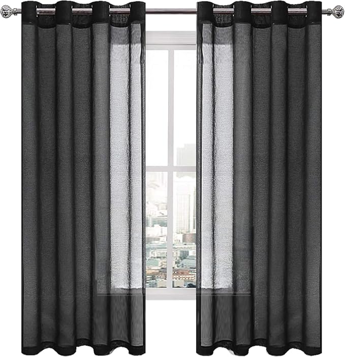 DWCN Sheer Curtains Faux Linen Sheer Voile Window Curtain for Living Room and Funeral/Gothic Wedding Grommet Black Drapes 52 x 63 Inch Long, 1 Pair, Set of 2 Panels