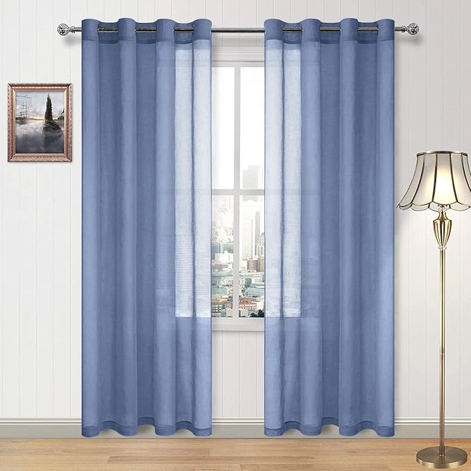 DWCN Sheer Curtains for Living Room Bedroom - Faux Linen Look Voile Drapes Grommet Top Window Curtain Panel 52 x 84 Inches Long, Dusty Blue, Set of 2 Panels