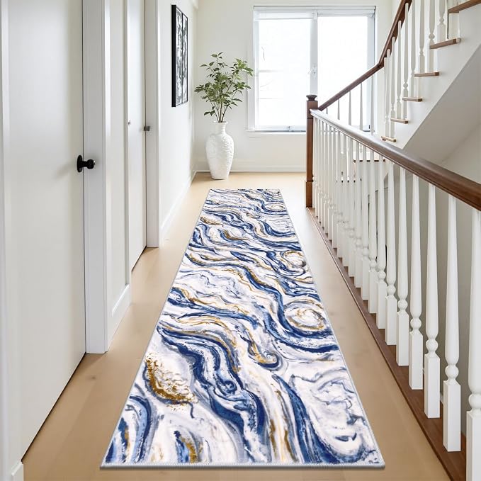 Yamaziot 2x8 Washable Modern Abstract Runner Rug Non-Slip for Hallways | Stain Resistant Kitchen Rug with Rubber Backing, Low Pile, Ultra Soft Carpet Runner for Bedroom, Laundry, Entrance,Blue