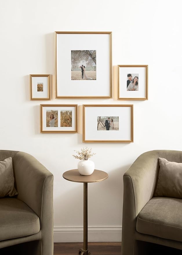 Kate and Laurel Adlynn Traditional Picture Frame Set, Set of 5, Varying Sizes, Vintage Gold, Classic Wall Frame Set Collection with Hanging Template for Gallery Wall Picture Frame Display