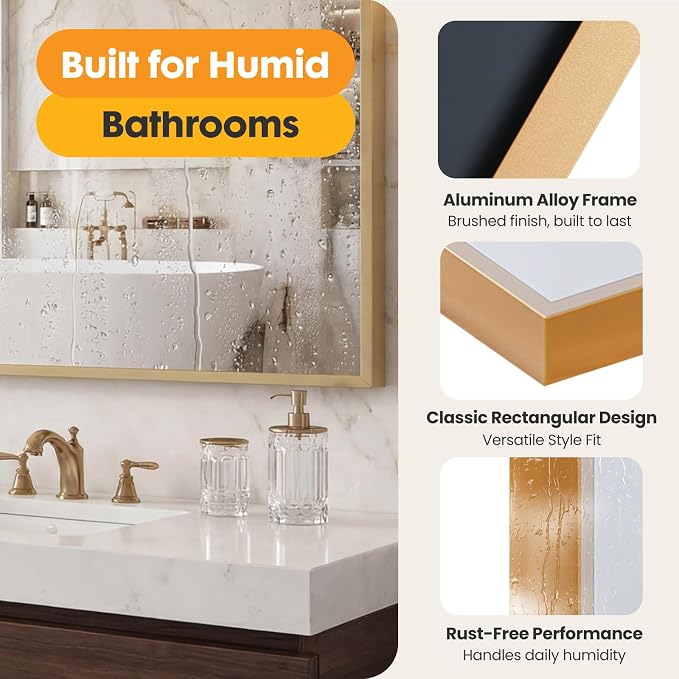 Sweetcrispy Bathroom Mirror, 30" x 36" Rectangle Wall Mount Mirrors | Modern Vanity Mirror with Tempered Glass, Metal Frame, for Home Decor, Anti-Rust, Gold