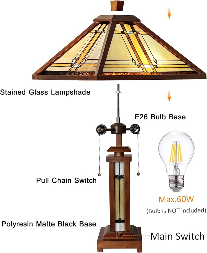 Capulina Tiffany Lamp Wooden Base Cream Stained Glass Table Lamp 3-Light