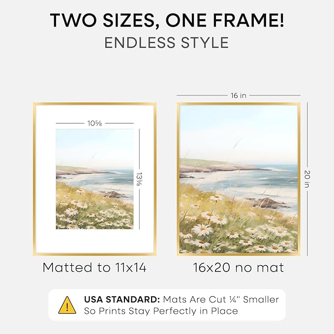 Homeforia 16x20 Gold Picture Frame, High-End Metal, 11x14 Mat, Glass