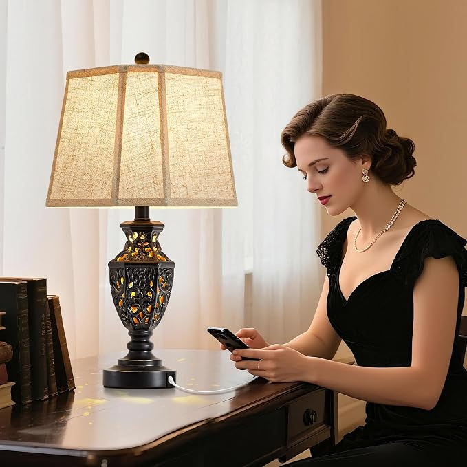 EJIAXIN Lamps for Night Stands Set of 2-23.5" Vintage Bedside Lamp with USB A+C and Nightlight - Black Retro Carved Resin Farmhouse Table Lamp for Bedrooms, End Tables, Living Room, Bulbs Included