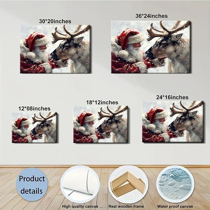 Santa's Reindeer Framed Christmas Canvas Wall Art for Living Room, Winter Pictures Wall Decor Painting Prints for Bedroom, Santa Christmas Art, 20x30 Poster Artwork for Wall Decorations