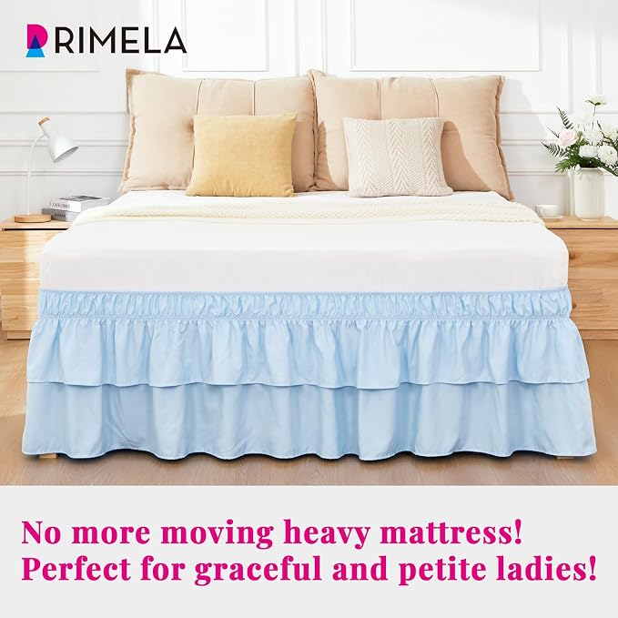 RIMELA Queen Size Ruffle Bed Skirt 15 Inch Drop - Light Blue Double Layered Wrap Around Dust Ruffle, Romantic Cute Design Bedskirt with High-Density Fabric, Soft Stretchy, Easy Install for Queen Bed