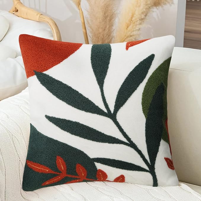 Merrycolor Boho Decorative Throw Pillow Covers 18x18 Tufted Abstract Mid Century Modern Pillow Covers Aesthetic Boho Pillows Decorative Pillows for Bed Couch Sofa Living Room Dark Green Orange(B)