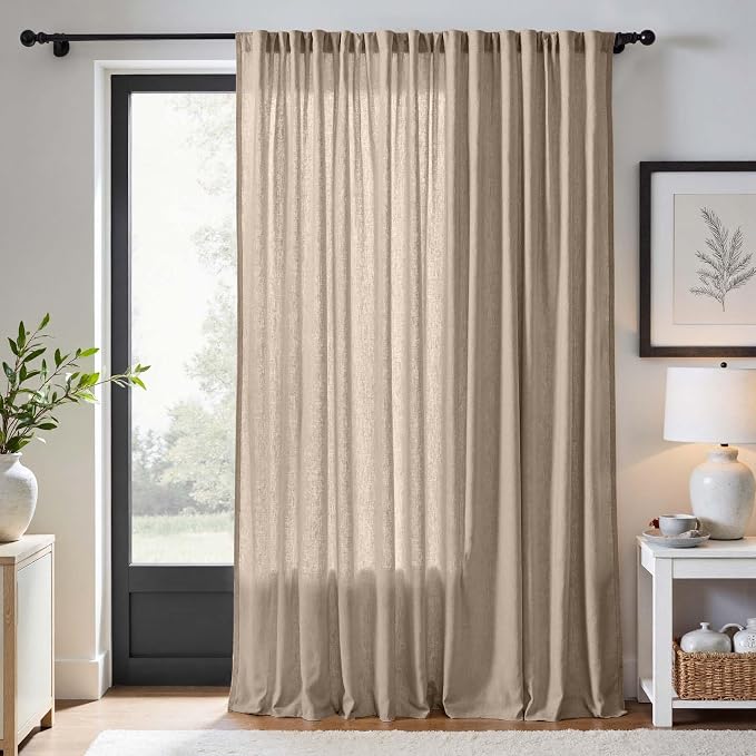 jinchan Linen Curtains Light Filtering Back Tab 100x90 Inch 1 Panel Taupe | Semi Sheer Curtains 90 inch length for Bedroom Living Room, Modern Farmhouse Drapes with Rod Pocket, Natural Boho Curtains