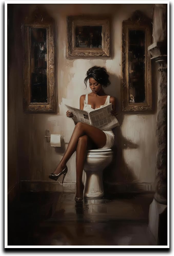 Black Women Bathroom Canvas Wall Art African American Bathroom Decor Poster Reading Woman Poster Black Girl Pictures Print Modern Minimalist Painting Artwork 16x24 Inch UnFramed Toilet Picture
