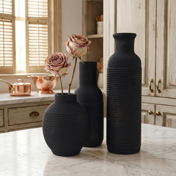 Rustic Farmhouse Vase Set of 3 - Ceramic Decorative Vintage Vases Home Decor - Pampas Grass Dried Fresh Flowers - for Centerpiece, Coffee Table, Mantel Entryway, Living Room, Bedroom (Black)