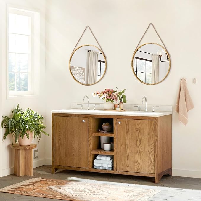 Hanging Mirror with Rope Modern Circle Metal Framed Round Mirrors with Beaded for Bathroom Living Room Home Entryway Gold 16"