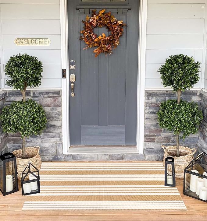 Khaki and White Striped Outdoor Rug 24'' x 51'' Front Porch Rug Hand-Woven Machine Washable Indoor/Outdoor Layered Door Mats for Entryway/Bedroom/Outdoor