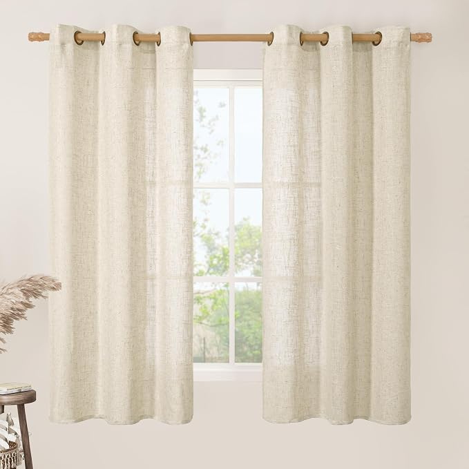 63 Inch Length Beige Linen Curtains for Bedroom 2 Panels Set | Soft Thick Semi Sheer Light Filtering Panels, Neutral Boho, Window, Curtains for Kitchen, Bronze Grommet, 34 x 63 Inch