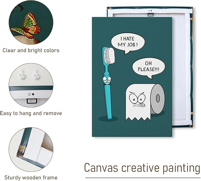 DIHSIEG Funny Bathroom Wall Art Toothbrush Toilet Paper Canvas Print 12x16 | I Hate My Job Humor Print Poster Unframed Funny Wall Art for Toilet Room, Powder Room, Above Toilet Decoration Unique Gift