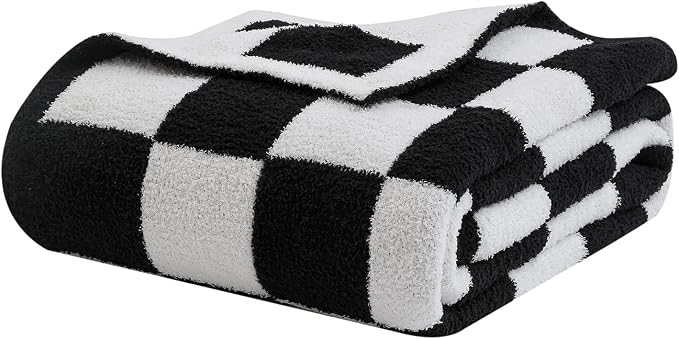 bearberry Soft Plush Throw Blanket for Couch, Cozy Warm & Lightweight | Knitted Fluffy Checkered Comfort Home Decor Gift for Women Mom Her, Sofa Chair Bed, 50x60in, Black