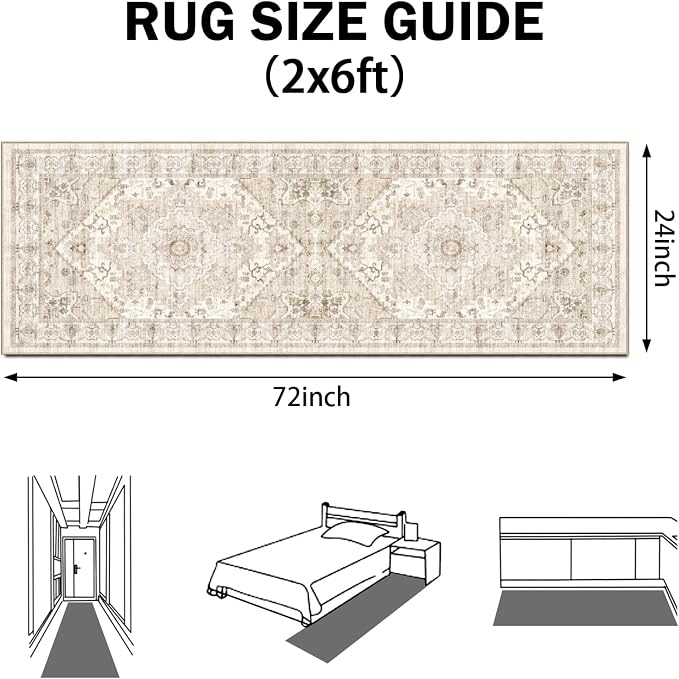 AooHHooA Boho Washable 2x6 Runner Rugs Non Slip Low Pile, Stain Resistant Vintage Soft Runners for Kitchen Hallway Laundry Entryway Bedroom,Beige