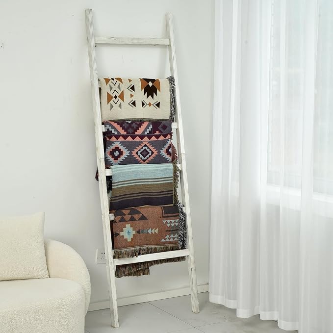 FUIN Blanket Ladder, 24in Wide Rustic Solid Wood Decor Rack, White | 6.4 ft high and 6 rungs, farmhouse quilt display holder, organize towel and scarf, leaning wall, bathroom and living room use