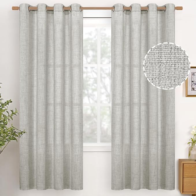 YoungsTex 72 Inches Long Light Grey Curtains for Living Room 2 Panels - Linen Light Filtering Window Drapes with Bronze Grommet Burlap Textured for Bedroom Dining Rustic Country, 52 X 72 Inch