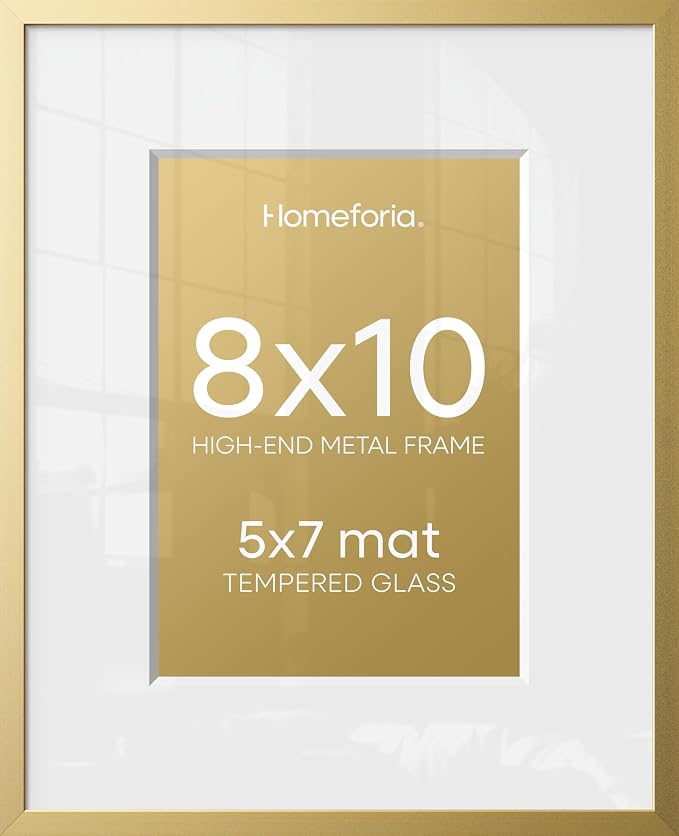 Homeforia 8x10 Gold Picture Frame, High-End Metal, 5x7 Mat, Glass
