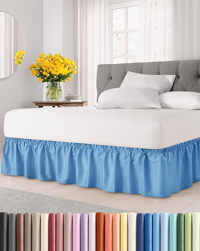 Wrap Around Dust Ruffle Bed Skirt - Denim Blue - for Queen Size Beds w/ 9 Inch Drop - Easy Fit Elastic Strap - Adjustable Pleated Bedskirt w/Brushed Fabric - Wrinkle-Free - Women, Men, Kids & Teens