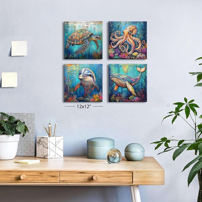 Beach Animal Wall Art Sea Turtle Bathroom Wall Decor Watercolor Octopus Whale Dolphin Pictures Canvas Prints Ocean Nursery Paintings Abstract Coastal Marine Life Posters Artwork Decoration 12x12" 4P
