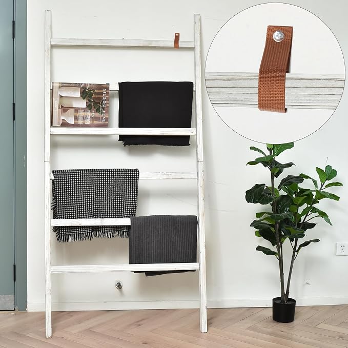 FUIN Blanket Ladder, 38in Extra Wide Solid Wood Rustic Decor Rack, White | 6.4 ft high and 38 in wide, farmhouse quilt display ladders, organize blankets, leaning wall, bathroom and living room use