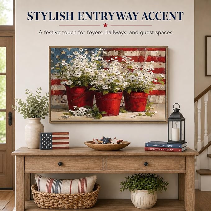 American Flag Framed Canvas Wall Art, 4th of July Floral Canvas Prints | Wildflower Landscape Poster Print, Vintage Rustic Independence Day Wall Decor for Bedroom Living Room Office 12×16in