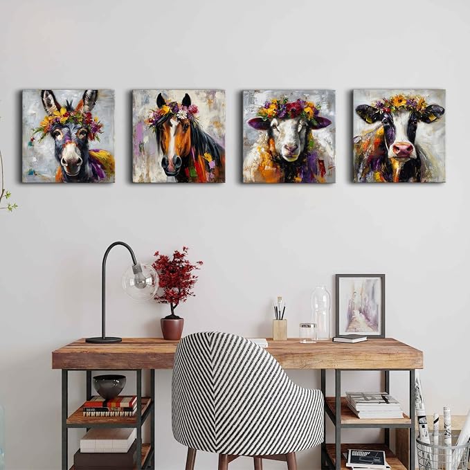 Abstract Animals Wall Art Colorful Cow Picture for Kitchen Rustic Farmhouse Horse Donkey Sheep Canvas Wall Decor Country Farm Animal Posters Modern Artwork Living Room Home Decoration 12x12” 4Pcs