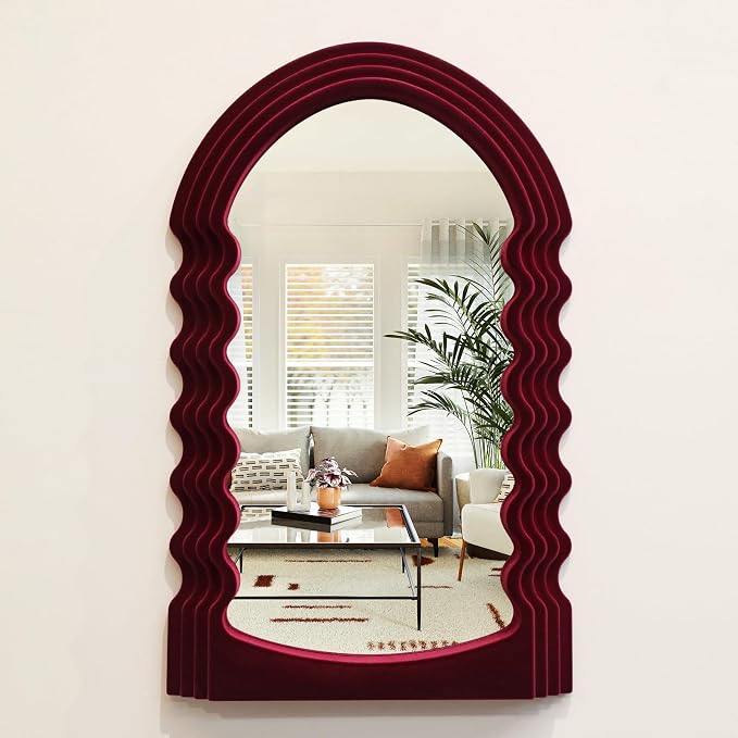 Mid-Century Modern Mirror Wall Decor for Home Office,Wine Red | 16x10",Soft Flocking Touch,Elegant Decorative Mirror for Entryway Porch Fireplace,Irregular Hanging Wall Art for Christmas