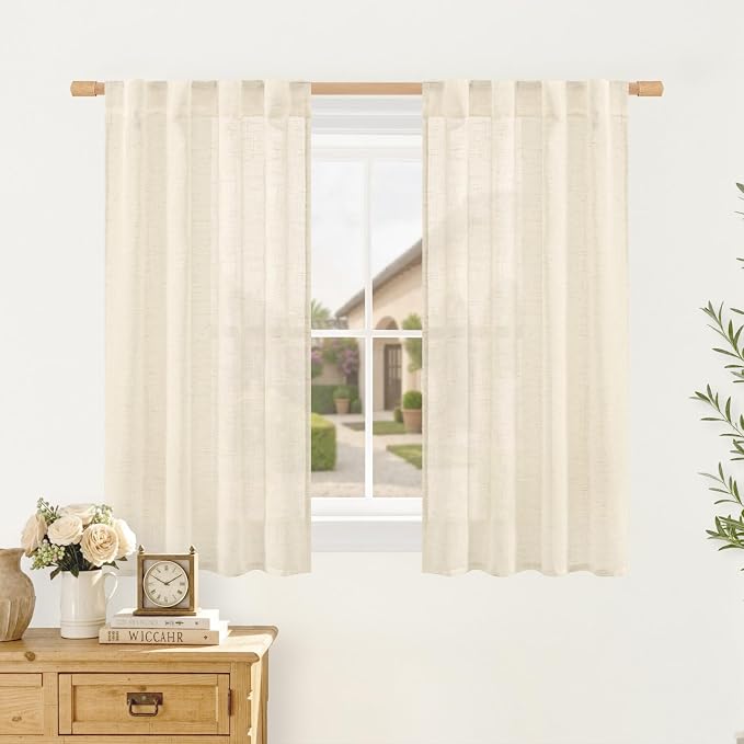 Semi Sheer Linen Curtains 48 Inch Length for Windows, Linen | Light Filtering, Short Kitchen Curtains, Neutral, Back Tab Rod Pocket, Drapes for Bathroom, Bedroom, 2 Panels, 34 x 48 Inch