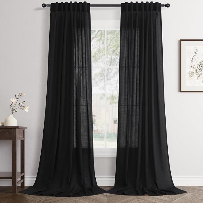 Jowels Black Linen Curtains 96 Inch Long 2 Panels for Living Room | Light Filtering Semi Sheer Curtain, Back Tab Pocket Pleated Look, Boho Farmhouse Textured Privacy Drapes for Bedroom Window