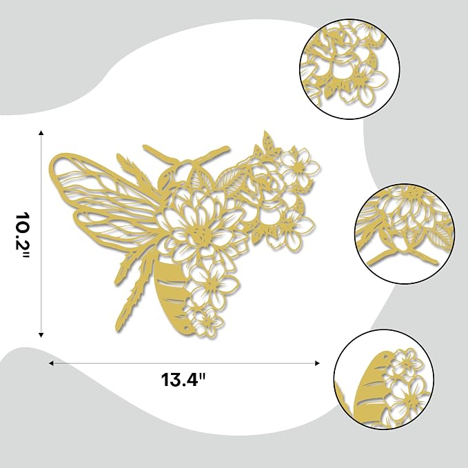 Rajukit Bohemian Bee Flower Metal Wall Art Gold for Living Room | Honey bee theme botanical style indoor decor hanging sculpture gold finish for bedroom kitchen living room