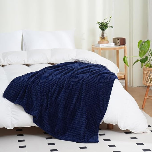 Puncuntex Fleece Throw Blanket Navy Blue 60"×80" with Square Grid Design | Super Soft Plush Cozy Flannel Throw Blanket Luxury for Couch Sofa Chair
