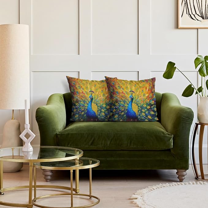 Beautiful Peacock Throw Pillow Cover 18"x18" Outdoor Pillow Cases Set of 2 Decorative Cushion Covers for Sofa Bed Chair Living Room Decor