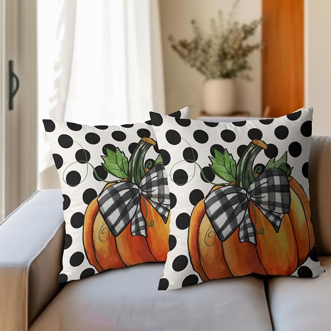 Fall Outdoor Pillows Covers 18x18 Inch Set of 2 Orange Pumpkin Black Polka Dot Decorative Throw Pillowcase Autumn Thanksgiving Seasonal Cushion Case Farmhouse Cotton Linen Pillow Cover for Home Patio