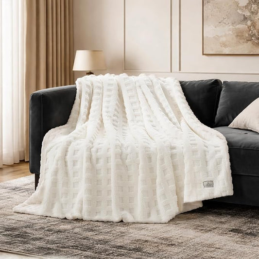 Cozy Bliss Ultrasoft Waffle Throw Blanket, Fluffy Cute Plush Blanket for Couch, Bed, Modern Home Accent, Portable for Picnic or Outdoor, Ivory, 50"x60"