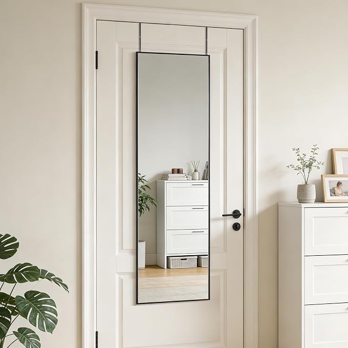 48x14 Inch Full Length Mirror Over the Door Hang or Wall Mounted Black | HD Tempered Glass, Aluminum Frame Rect Full Body Dressing Make-up Mirrors for Bedroom, Bathroom, Entryway, Living Room