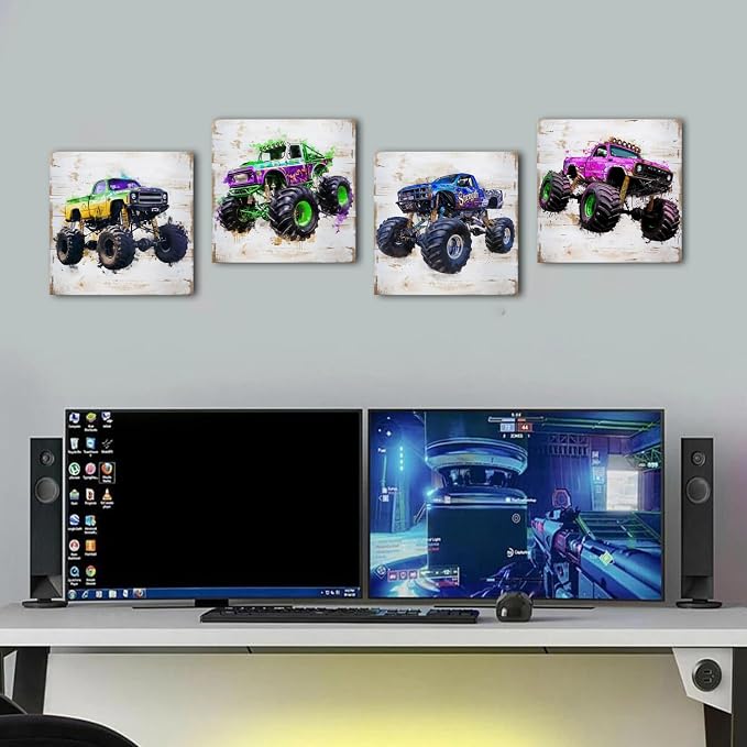 Monster Truck Canvas Wall Art for Boys Room Decor Vintage Car Posters Kids Wall Art, Watercolor Trucks Poster for Boy Bedroom Playroom Vehicle Wall Decor Nursery Paintings Home Decoration 12×12" 4 Pcs